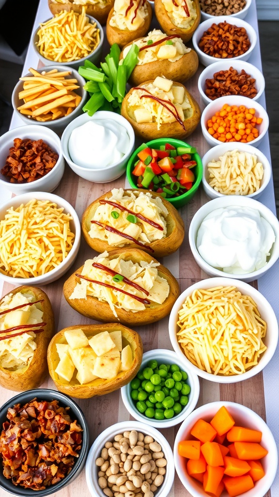 A loaded potato bar with baked potatoes and a variety of toppings.
